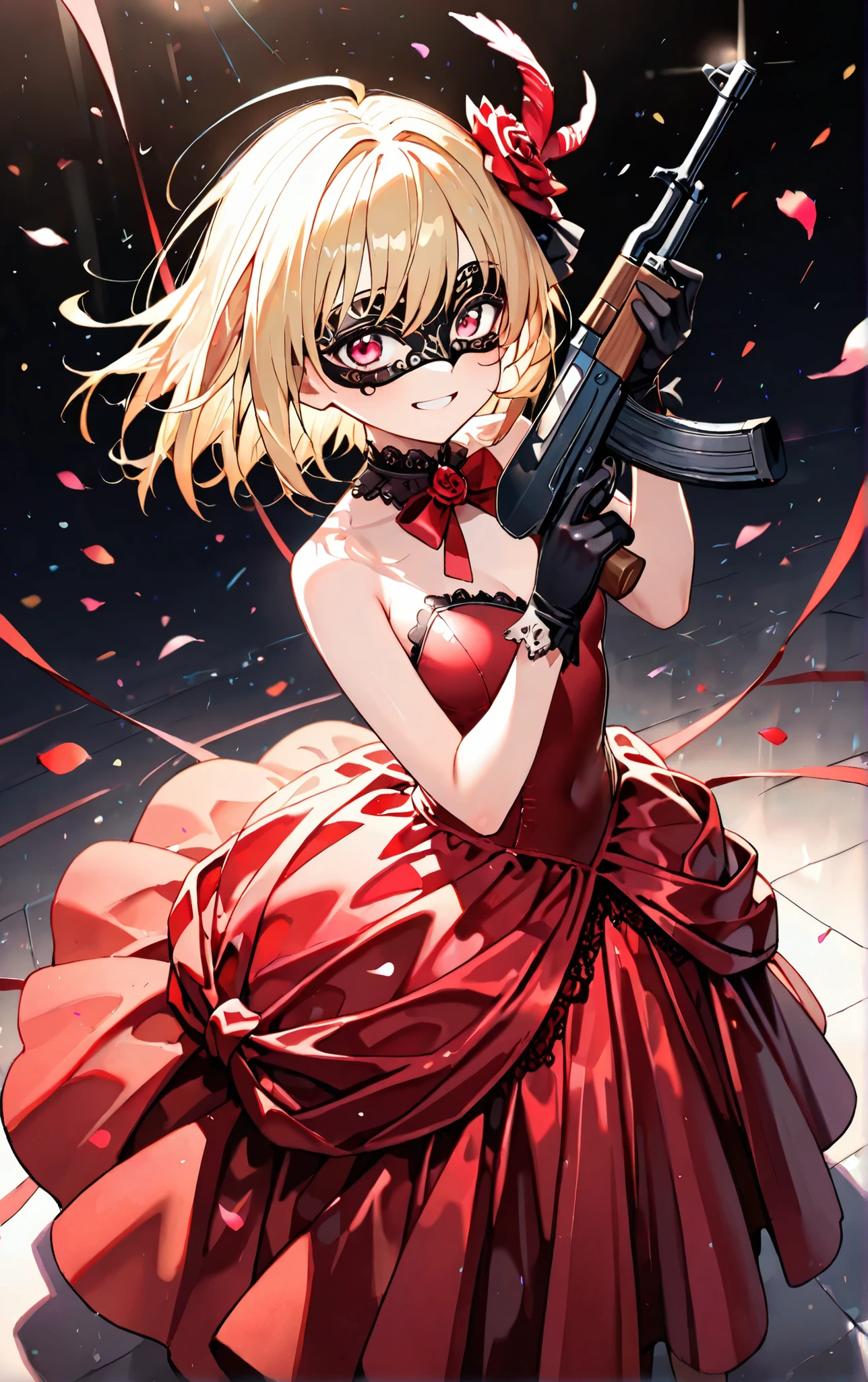 score_9, score_8_up, score_7_up, score_6_up, masterpiece, highest resolution, absurdres, extremely detailed, best composition, 1girl, teen girl, in a masquerade ball, wearing a ball gown, masquerade mask, walking gracefully, smile, dynamic pose, dynamic angle, angled shot, wielding and AK-47