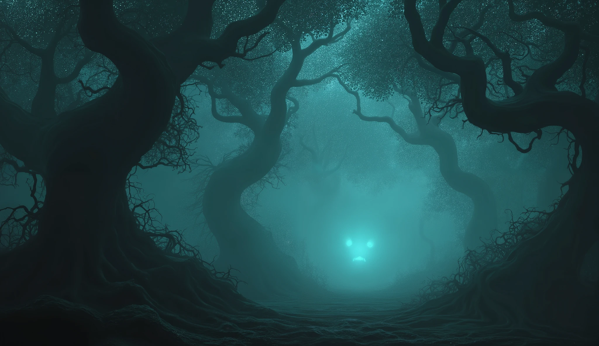 Creepy forest at night, foggy and mysterious, dark fantasy style, twisted trees, glowing eyes.