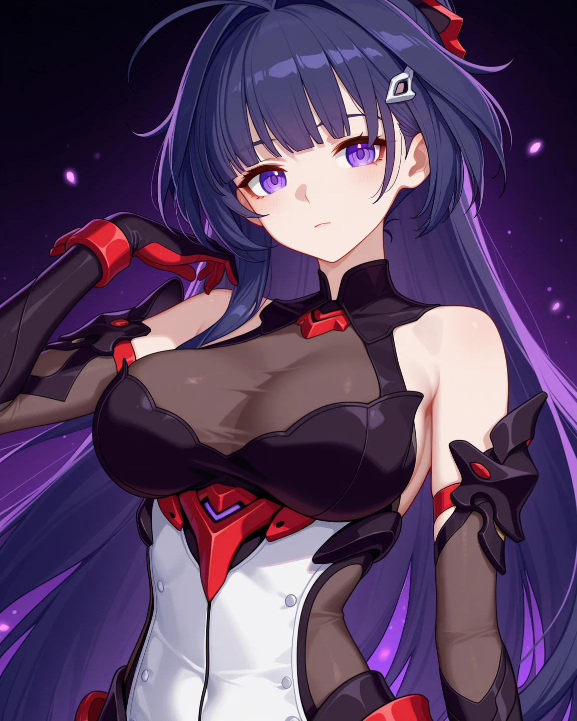 Carefully draw the face High-quality faces in anime style super shiny skin Obscene lines black leotard Purple pantyhose succubus lure smile face down