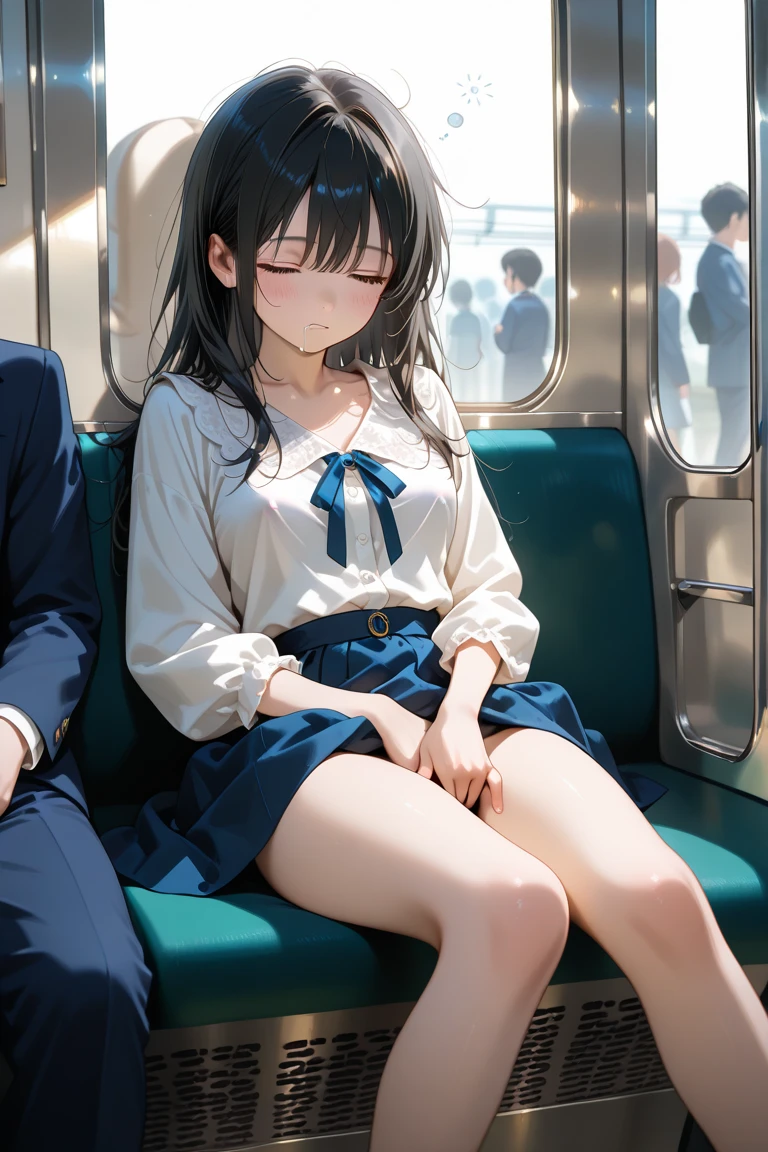 score_9, score_8_up, score_7_up, source_anime, best quality, masterpiece,official art, absurdres, highres, waifu2x,break,1boy, 1girl, school girl, very long hair, black hair, small breasts, (nipple:0.6), sweat, saliva, blush, grab breasts, fingering, clitoris, pussy, pussy juice, motion lines, sexual climax, trembling, female orgasm, forced orgasm, heavy breathing, sound effects, spoken heart, train, break,(clear line illustration:1.2),very high resolution, very aesthetic, super detailed skin, Best sexual lighting powered by famous artist, 8k,ero picture,beauty illustration,photoshop_(medium),,(Detailed Lighting),uncensored,