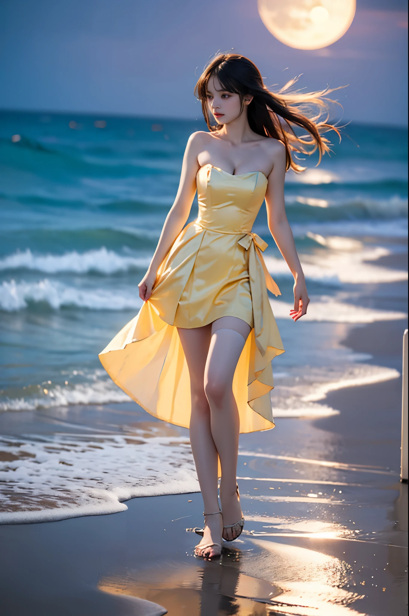 strapless dress,bow, yellow dress,white thighhighs,blue ribbon, ,,((full body, from below)), (masterpiece, best quality, ultra-detailed, 8k), realistic, a beautiful sexy long-legged model on a tropical beach, (I-type Valley), (Full breasts, visible cleavage, very short skirt hem, exposed shoulders), (Tyndall Effect), (At night,:1.3 moonlight:1.3), standing in shallow water, one hand playfully lifting her hair, the other gently raising the hem of her flowing summer dress, seductive pose, perfect and symmetrical leg anatomy, glistening water, soft natural lighting, (wind blowing gently:1.1), (ambient lighting:1.2), bokeh, cinematic shot, dynamic angle, professional photography, shallow depth of field, sharp focus, vibrant colors, (slightly tanned skin:1.1), (natural makeup:1.1), (delicate features:1.1), (ocean waves gently lapping at her feet:1.1)