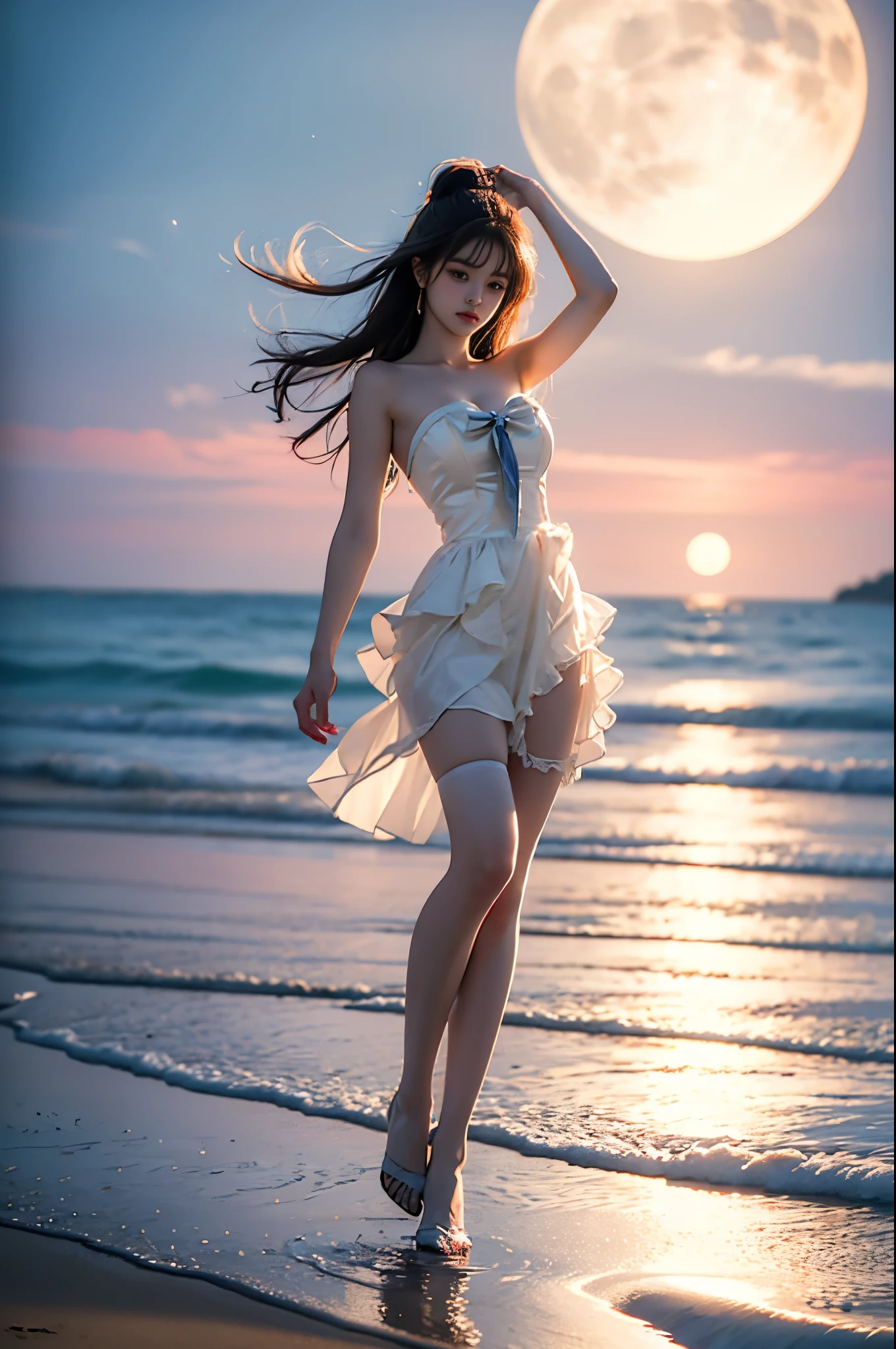 strapless dress,bow, yellow dress,white thighhighs,blue ribbon, ,,((full body, from below)), (masterpiece, best quality, ultra-detailed, 8k), realistic, a beautiful sexy long-legged model on a tropical beach, (I-type Valley), (Full breasts, visible cleavage, very short skirt hem, exposed shoulders), (Tyndall Effect), (At night,:1.3 moonlight:1.3), standing in shallow water, one hand playfully lifting her hair, the other gently raising the hem of her flowing summer dress, seductive pose, perfect and symmetrical leg anatomy, glistening water, soft natural lighting, (wind blowing gently:1.1), (ambient lighting:1.2), bokeh, cinematic shot, dynamic angle, professional photography, shallow depth of field, sharp focus, vibrant colors, (slightly tanned skin:1.1), (natural makeup:1.1), (delicate features:1.1), (ocean waves gently lapping at her feet:1.1)
