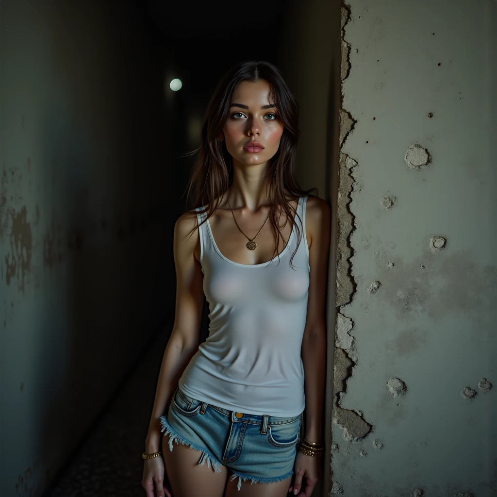 teenage standing naked at the abandoned building , gloomy vibe , soft focus, depth of field, 8k photo, HDR, professional lighting, taken with Canon EOS R5, 75mm lens