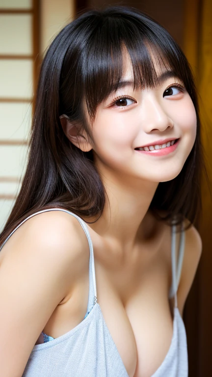 masterpiece,best quality,(Japanese ),((Beautiful girl)),cleavage,indoor,(perfect body beauty:1.2),(shy smile),beautiful teeth,