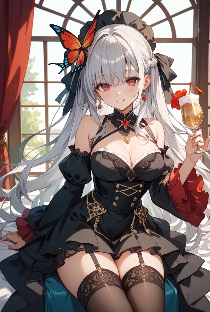 Ningguang, genshin impact, 1girl, alcohol, alternate costume, armlet, bare shoulders, black background, black dress, black gloves, black thighhighs, breasts, cleavage, criss-cross halter, cup, dress, drinking glass, flower, gloves, gradient background, hair between eyes, hair ornament, halterneck, holding, holding cup, large breasts, long hair, braid hair, looking at viewer, silver hair, silver short nails, see-through gloves, solo, thighhighs, thighs, wine, wine gsterpiece)) black pleated skirt, sitting,