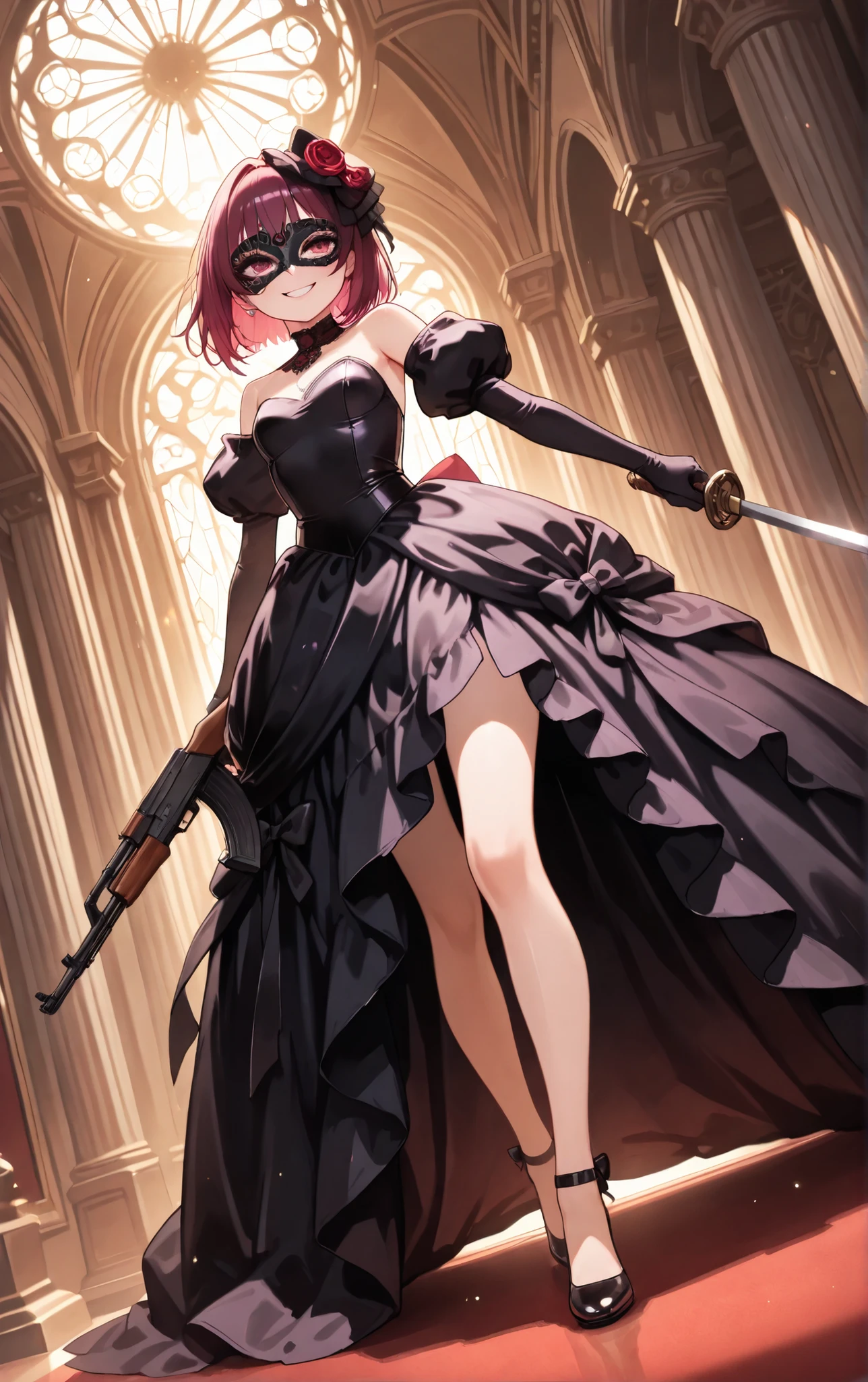 score_9, score_8_up, score_7_up, score_6_up, masterpiece, highest resolution, absurdres, extremely detailed, best composition, 1girl, teen girl, cute face, in a masquerade ball, wearing a ball gown, masquerade mask, walking gracefully, sweet smile, dynamic pose, dynamic angle, angled shot, wielding an AK-47, grand lighting