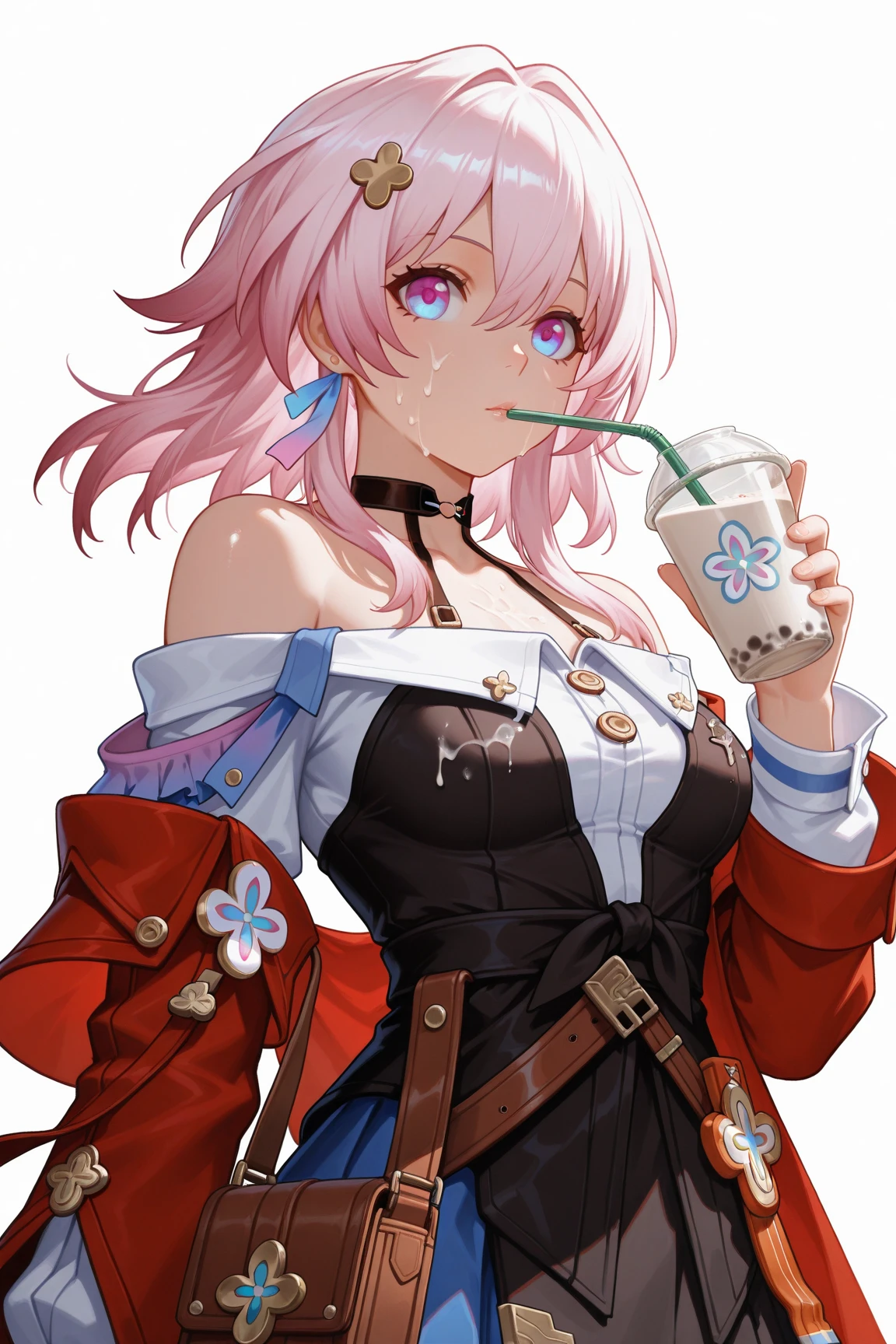 (masterpiece, best quality:1.2), solo, 1girl, alisab, smile, looking away, grimaceshake, multicolored hair, hair flower, dress, detached sleeves, white gloves, cleavage <lora:alisab-nvwls-v1:0.8> <lyco:concept_grimaceshake-11:0.9>