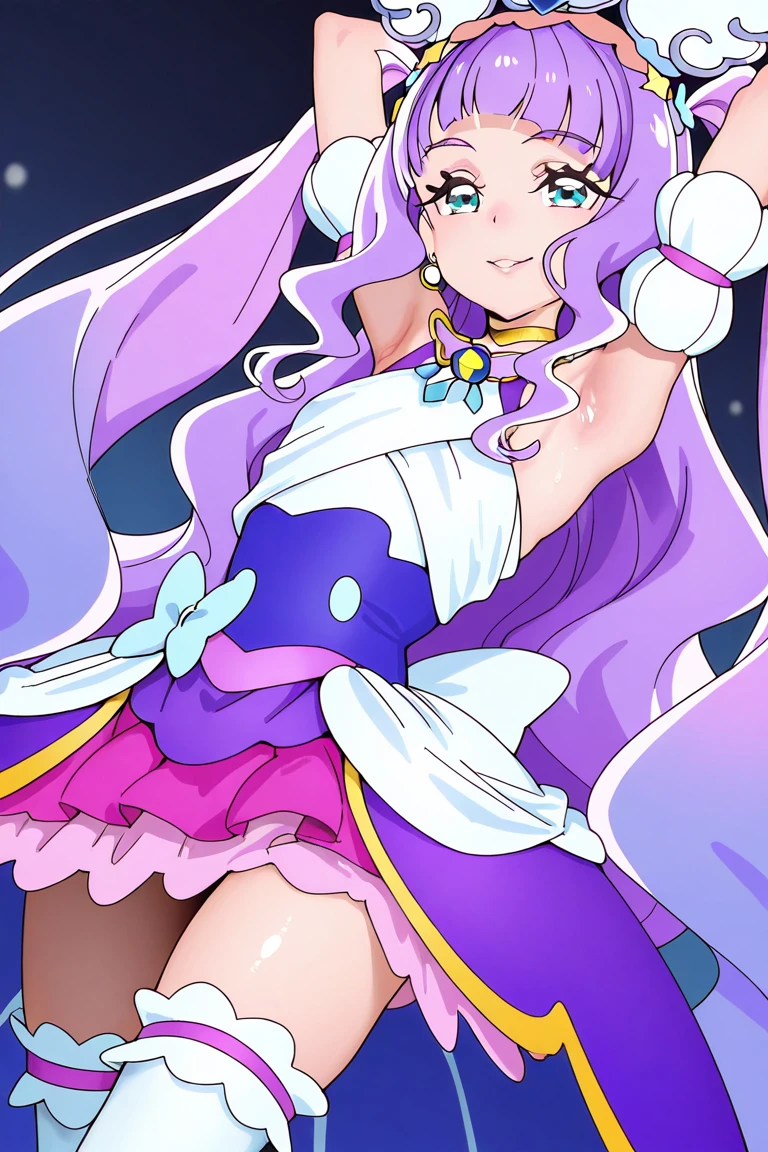 cureselene, precure, score_9, score_8_up, score_7_up,anime screencap, source_anime,1girl, solo, open mouth,outdoors,park,looking at viewer,Closed eyes, face of pain, Lie down on back the floor ) (Close your eyes) (It hurts a lot 1.7),Defeated,Damage,exploding clothes,revealing clothes