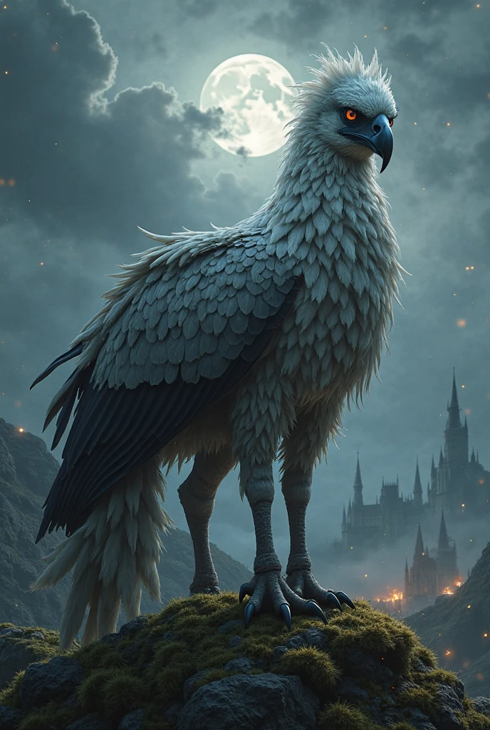 (masterpiece:1.4), (best quality:1.4), (detailed), solo, 1bird, dark crow, raven, flashy eye, ((yellow eyes)), black feathers, detailed feathers, from side, close-up, siting on the very top of dark gothic temple, bloody moon and night sky behind him, full moon, magic bird, midnight, stars, nebula