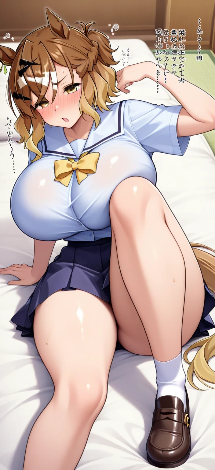 One girl, highest quality, Super detailed, masterpiece, Ultra-high resolution, 8k, Ridiculous, Cowboy Shooting, Focus on the girl, Embarrassing, blush, Lovely, Close one eye, With tears in her eyes and her mouth open, What saliva leaves behind, (arms behind head), (wariza),Classroom Background, ((albedo, overlord)), (medium breasts), (sagging breasts),(huge nipples), Absolute area, Black knee socks, front shot, from above