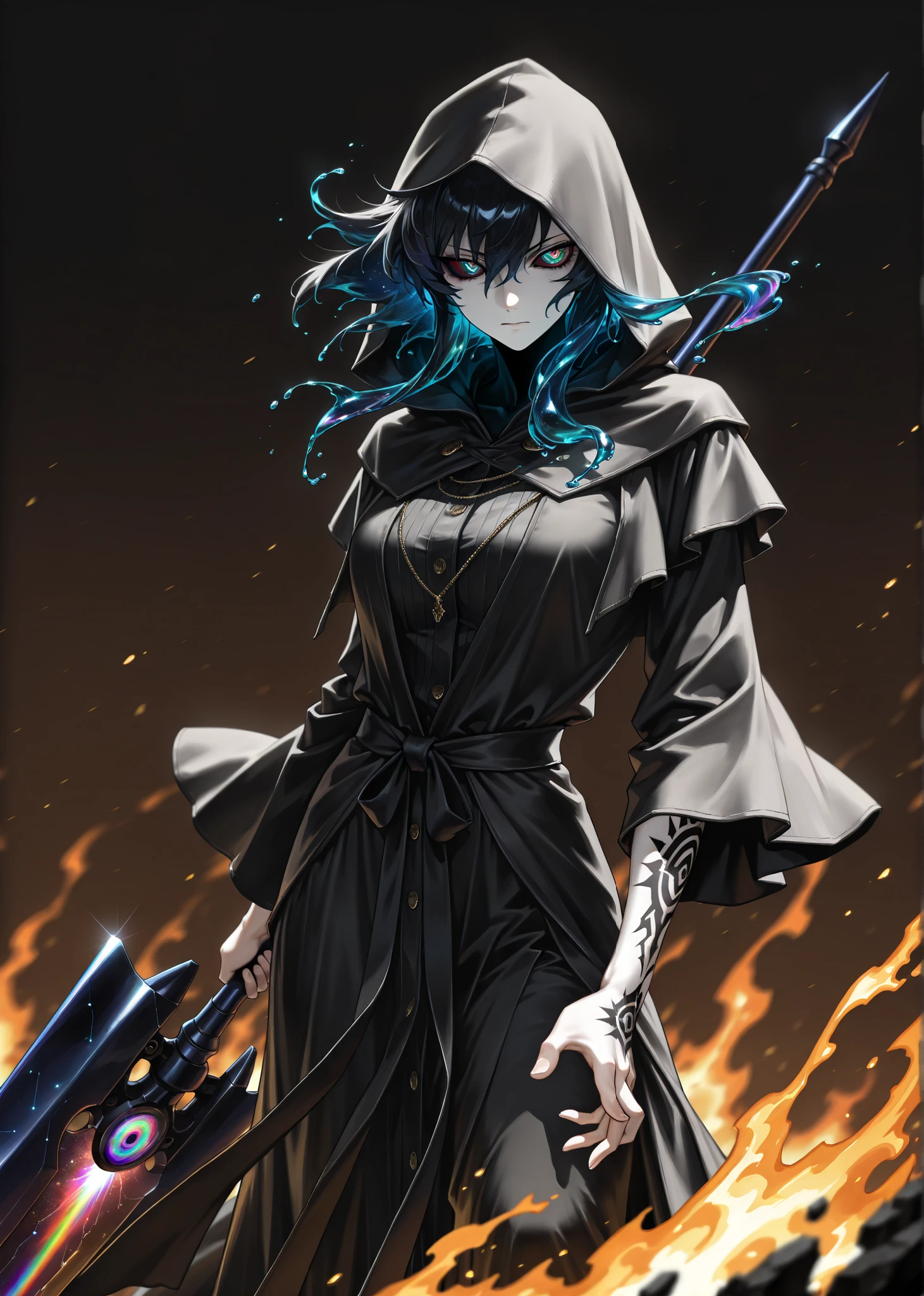 darkness, dramatic lighting, dark corridor, god rays, cinematic shot, mature,adult, masterpiece, best quality, amazing quality, very aesthetic, high resolution, ultra-detailed, absurdres, scenery, chaotic background, darkness, dramatic lighting, deep dark blue, abyssal ocean, abyss, Tron style
1girl, woman, solo, (dynamic pose, side eye, gathering energy, serious, scorn,face shot:1.2), expressionless, cloak , hood , hood up, (liquid hair, dark blue hair, black hair:1.4), tsurime, narrow eyes, burning eyes, purple flames, liquid flames, napalm,(coloured sclera, quantum sclera, multicolored eyes, rainbow eyes, cosmic eyes, quantum eyes:1.2), quantum shadows, wild hunt, pale skin, wielding polearm, black robe, ornate blue patterns, dark blue environment, smoke, constellation, black tattoos, growl, cosmic weapon, liquid weapon, plasma weapon, plasma lance, plasma spear, novuschroma79 style, glitch art photo
BREAK, depth of field, volumetric lighting
