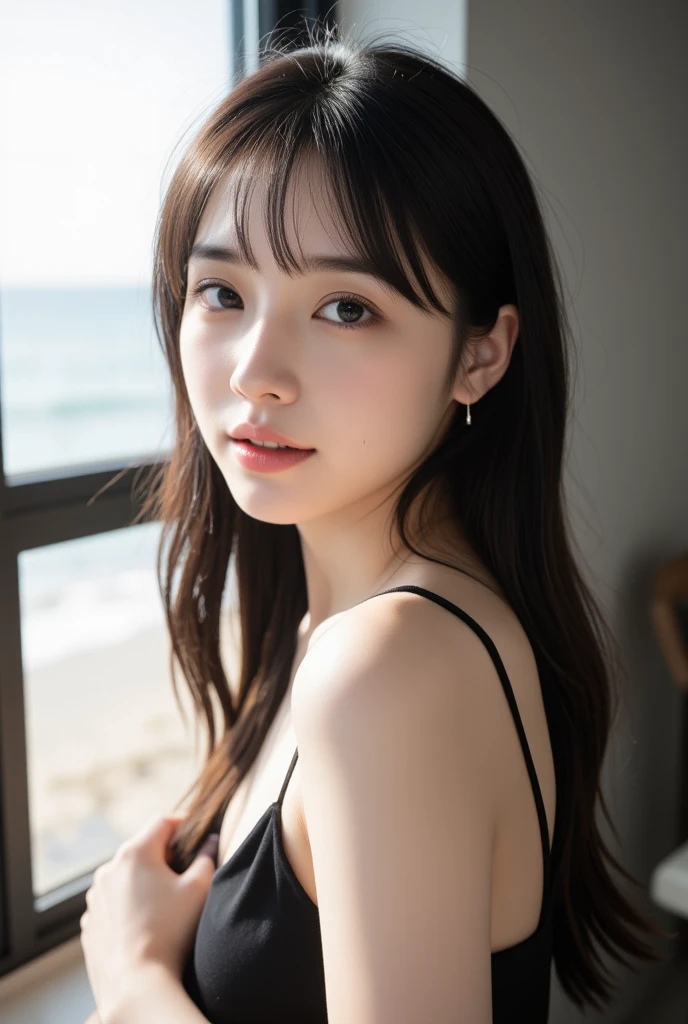 (8k, RAW Photos, Highest quality, masterpiece:1.2), Super detailed, Super Resolution, (Realistic, Realistic Photo:1.37), Portraiture, High-definition RAW color photos, Professional photos, 非常に詳細で美Shii, 非常にDetailed, 8k wallpaper, 素晴らShii、Detailed, Large file size, Official Art, highly detailed CG unity 8k wallpaper, 非常にDetailed美Shii女の子, 非常にDetailed顔, 非常にDetailed目, 非常にDetailed肌, Very elaborate fingers, 非常にDetailed鼻, 非常にDetailedDetailed口 , Perfect Anatomy, 非常にDetailed背景, Very fine clothing, One girl, (20:1.2), 20th Generation, cute girl, Realistic body, , Fair skin, Glowing Skin , The body is slim, Handsome body, Black Hair , short hair, (Blunt bangs:1.2), smile, cute, like々Shii, cute face, Realistic Face, Delicate eyes, Droopy eyes, lingerie, See through, Earrings, View your viewers, Cowboy Shot, Look forward, Standing posture, Opposition, Dynamic Lighting, Very large breasts, Cowboy Shot