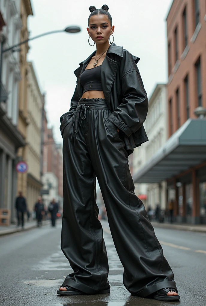 Alisha Lehmann skinny sexy model, black hair with Chinese bangs She is wearing a big oversized black hoodie oversized street wear tendy wear hands in pockets and big baggy oversized black sweatpants she has small sexy breasts ankle boots heels sexy skinny thighs,full body view, night out luxury restaurant, date night, 
wearing big hooves earrings, necklace chain,no tattoo walking , big hooves earrings,  facing the camera full body view hands in pockets all fingers in pockets oversized high waist baggy pants she's wearing black hand gloves,