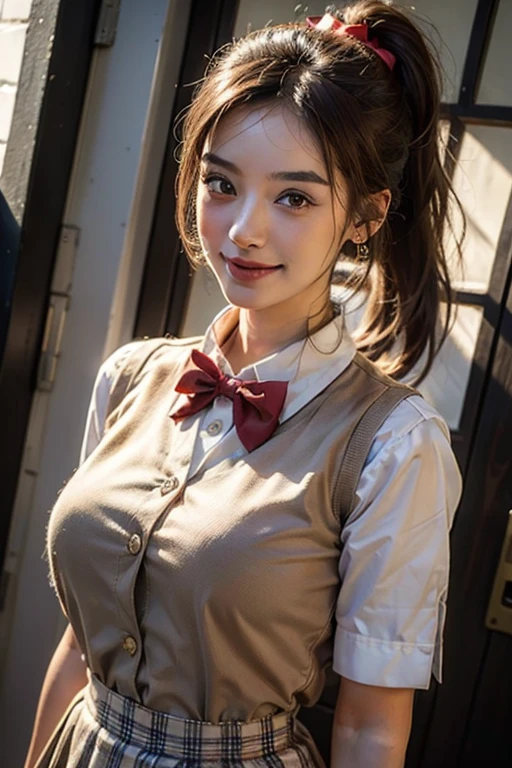 bright表情、Photorealistic:1.32、highest quality、超A high resolution、最も美しい日本のgirlの写真、Cute and beautiful face details、Small Face、美しいbangs、14 years old、Radiant, fair, glowing skin、Hair gets tangled in the face、(girl１Only people:1.3)、顔まで伸びるbangs、bangs、Hair between the eyes、Attractive brown silky hair、bright、Her clear eyes shine charmingly、Cute pose、highest quality、Disorganized、((The cutest girl in the world))、Japanese、((School uniform summer clothes:1.3))、(High waist pleated skirt)、Newest Brands、(Side ponytail hair:1.3)、(Tie with a thin ribbon)、Nice and cute、An innocent smile、nice smile、Cleavage、(Large Breasts:1.3)、(Posing cutely:1.3)、Brown Hair、Small waist、Detailed beautiful eyes、View your viewers、Upper Body、Close-up of face、Front view、