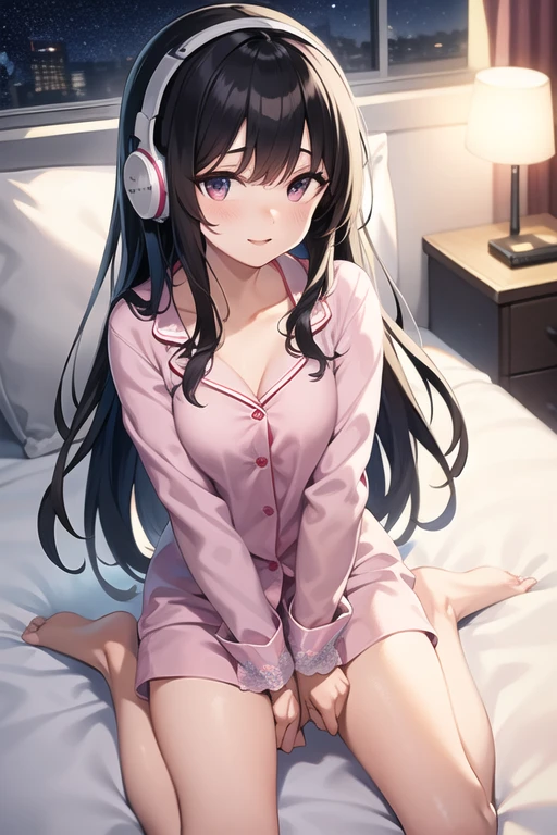 (masterpiece, best quality:1.2), from above, solo, 1girl, longislandslack, smile, looking at viewer, lying, on back, headphones, shirt, clothes writing, off shoulder, short sleeves, bottomless, bare legs, bedroom <lora:azurlane_longisland:1>