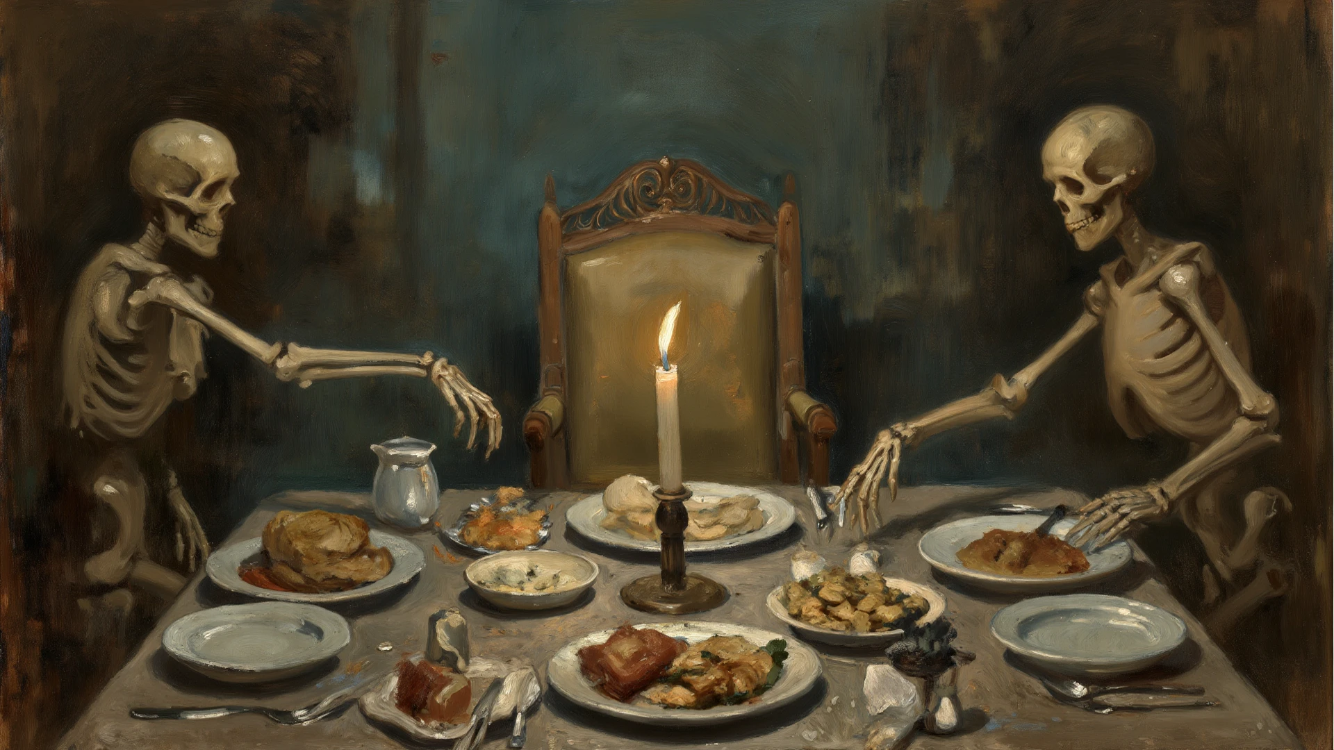 art by apterus. Skeleton family having a dinner,(ohwx aesthetic)
