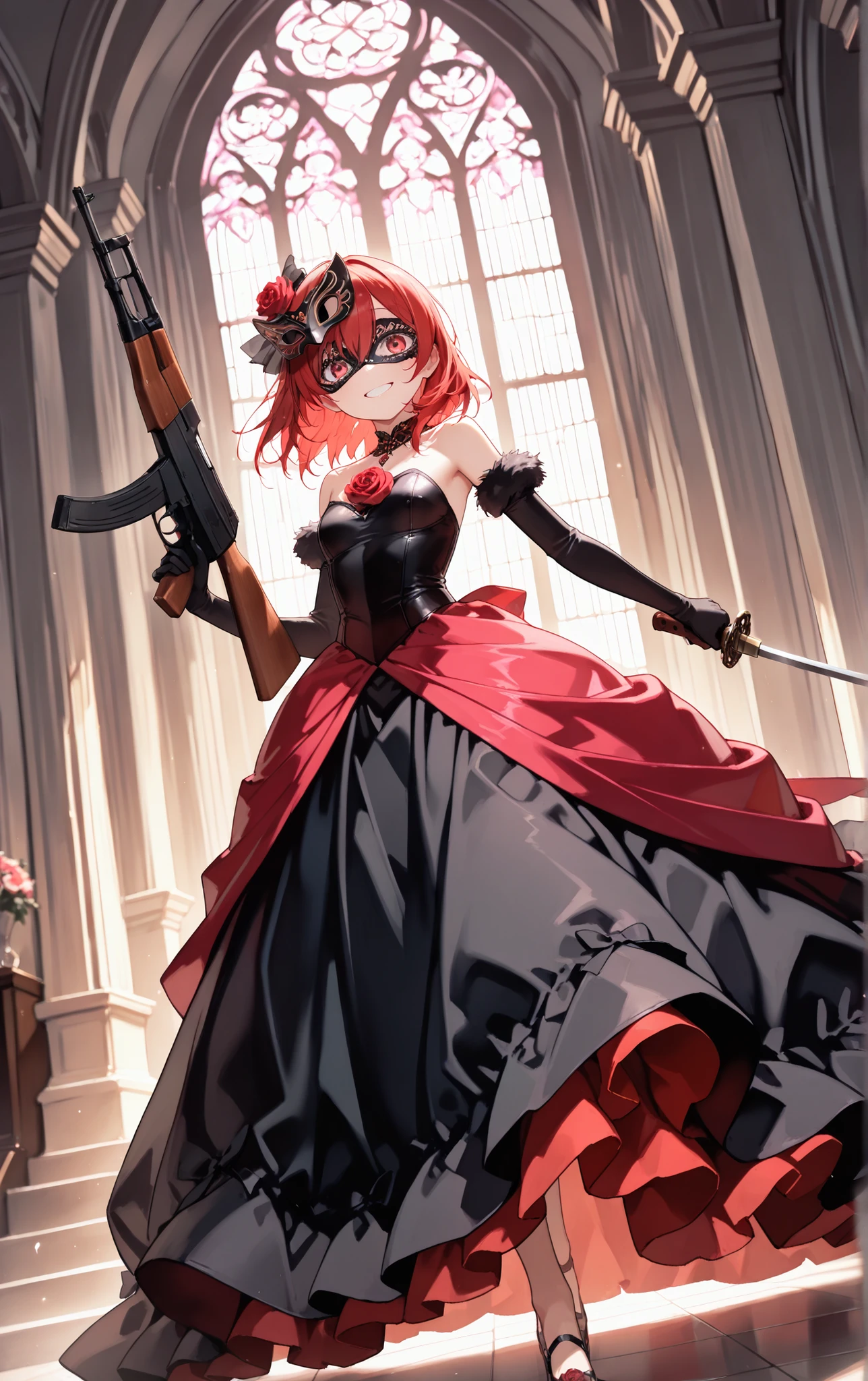 score_9, score_8_up, score_7_up, score_6_up, masterpiece, highest resolution, absurdres, extremely detailed, best composition, 1girl, teen girl, cute face, in a masquerade ball, wearing a ball gown, masquerade mask, walking gracefully, sweet smile, dynamic pose, dynamic angle, angled shot, wielding an AK-47, grand lighting, gun discipline