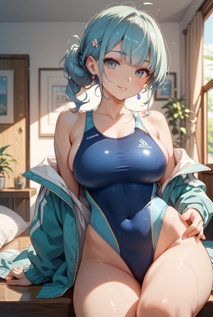 top-quality、Full limbs、complete fingers、Slender beauty、straight haired、Long、Light blue hair、(Light Blue High Neck Long Sleeve Competitive Swimsuit:1.3)、(Brown pantyhose:1.3)、Light blue high heels、Beautiful Large Breasts、lawn、The tree々Surrounded by、sitting on、A big smile、blushing