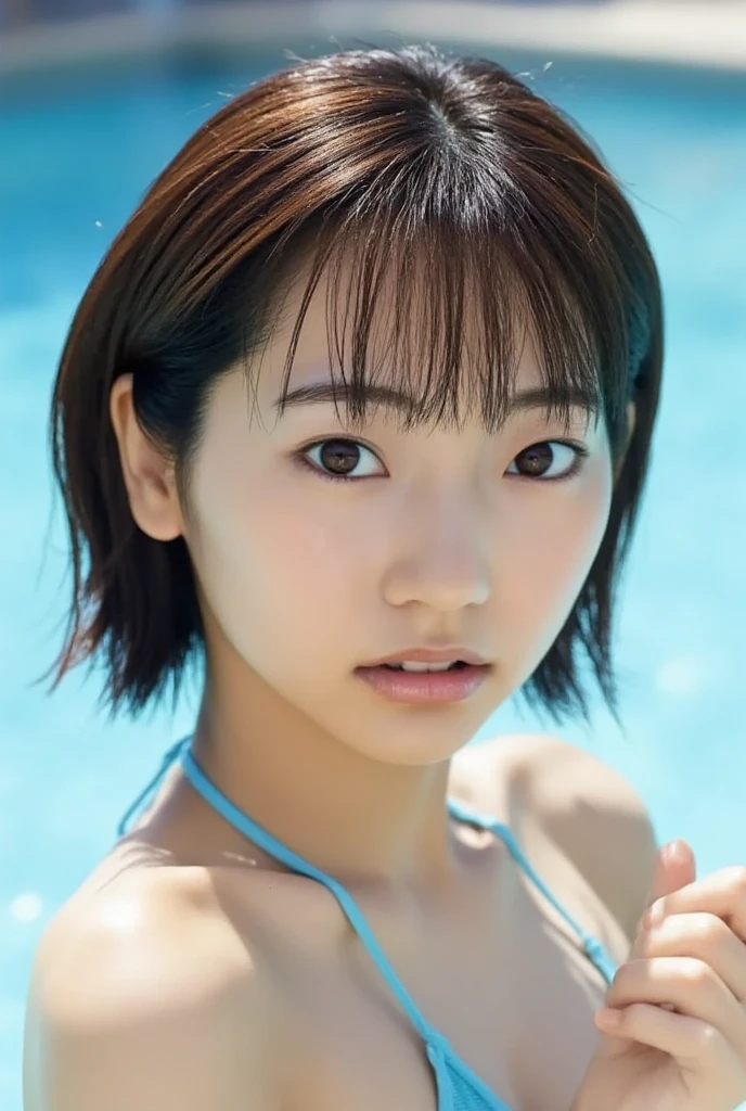 ((masterpiece,highest quality)), High resolution, High resolution, depth_of_field, cowboy shot, alone, 10 years old,baby face,化粧をしていない茶色of目,brown hair,medium hair,bob cut,Okappa,embarrassing,blush slender,disproportionately large breasts,school swimwear, pool,