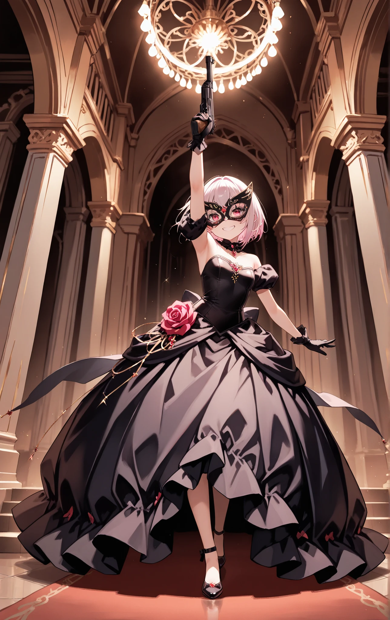 score_9, score_8_up, score_7_up, score_6_up, masterpiece, highest resolution, absurdres, extremely detailed, best composition, 1girl, teen girl, cute face, in a masquerade ball, wearing a ball gown,1 masquerade mask, walking gracefully, sweet smile, dynamic pose, dynamic angle, angled shot, wielding an AK-47, grand lighting, gun discipline