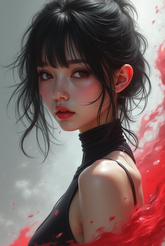 samdoesarts; award winning half body portrait of a beautiful woman in a croptop and cargo pants, paint splashes, hair in a bun, splatter, outrun, vaporware, digital art, trending on artstation, highly detailed, fine detail, intricate