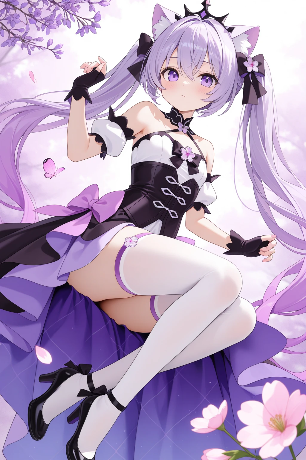 NSFW , ultra detailed, hyper detailed, best quality, highres, 4K, field of flowers, woman, from below, looking at viewer, puzzled, happy, shy, (kyouka), , slender,flat chest, gothic lolita, twintail , (up skirt) ,no panties , gloves, dappled sunlight,