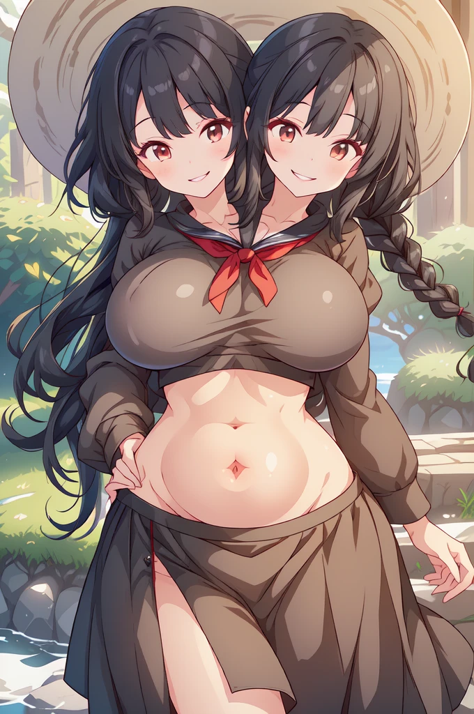 (height difference: 2), (size difference: 1.7), (naked: 1.3), (adventurers cabin fantasy: 1.2), (a couple: 1.1), (2girls: 1.4), (woman), side view, (breast envy: 1.1)