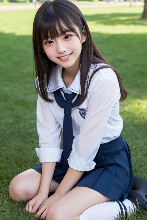(masutepiece, Best Quality:1.2), 8K, 15yo student, 85 mm, Official art, (Transcendent Big:1.6), absurderes, White dress shirts, Pretty Face, close up, full body Esbian, violaceaess, gardeniass, Beautiful Girl, School uniform, (Navy pleated skirt:1.1), Cinch West, thighs thighs thighs thighs, Short sleeve, On a hotel bed、Looking at Viewer, No makeup, (Smile:0.4), Film grain, chromatic abberation, Sharp Focus, face lights, clear lighting, Teen, Detailed face, Bokeh background, (dark red necktie:1.1)、Throw out your legs and sit down