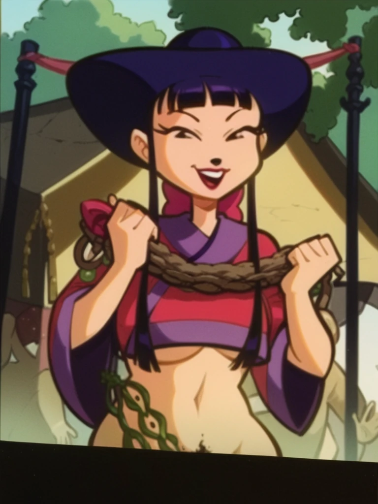 Kyoko,score_9,score_8_superior,score_7_superior,sauce_anime,One girl,alone,View your viewers,soaked,downpour、Micro Bikini、Hanging from a tree、Bondage、Tie with rope、Sad face,:d,arms_behind_return,
