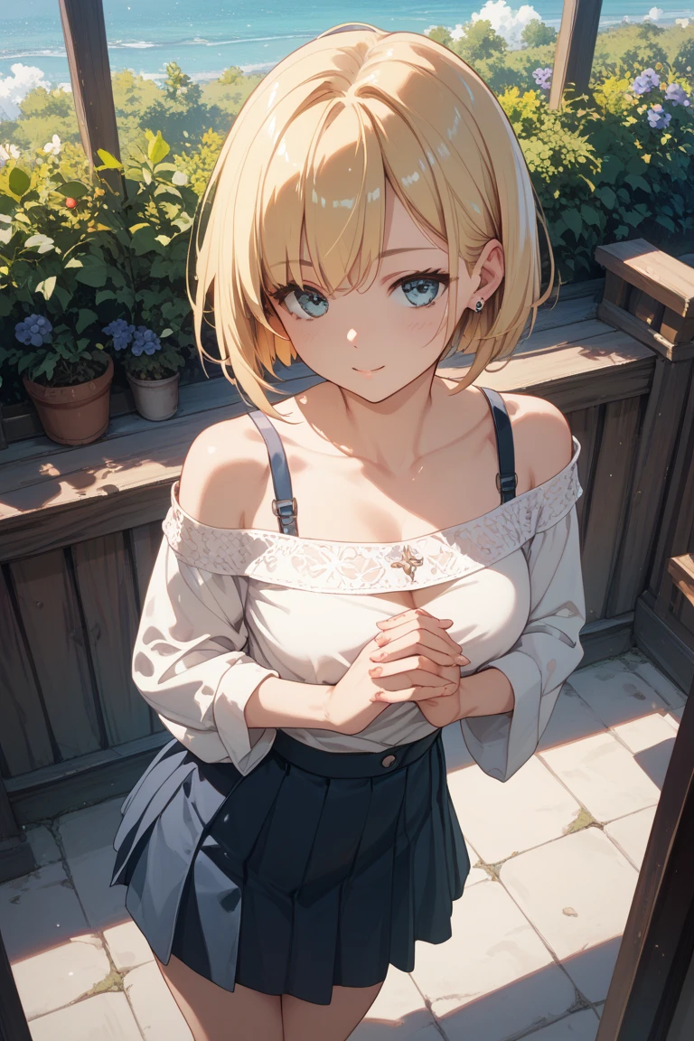 (masterpiece:1.3, Highest quality, Ultra-high resolution, Super detailed), (Realistic:1.1, photoRealistic:1.4), Beautiful illustrations, Perfect lighting, colorful, Depth of written boundary, 
Beautiful detailed hair, Beautifully detailed face, Beautiful attention to detail, Beautiful clavicle, Beautiful body, Beautiful breasts, Beautiful thighs, Beautiful feet, Beautiful fingers, 
View your viewers, 1 girl, Japanese, high school girl, Perfect Face, (Perfect Anatomy, Anatomically correct), Cute and symmetrical face, Baby Face, Sunburn, Glowing Skin, 
(short hair:1.5, Bobcut:1.2, Ash Blonde Hair), Hair between the eyes, blue eyes, Long eyelashes, (Medium chest), thin, 
(Short-sleeved off-shoulder yellow-green sweater, Black tank top, Denim shorts rolled up),　
(Beautiful views), evening, (Outdoor, distant cityscape), Are standing, Place your hand on your chest, (Cute smile, Upward glance, Open your mouth), 