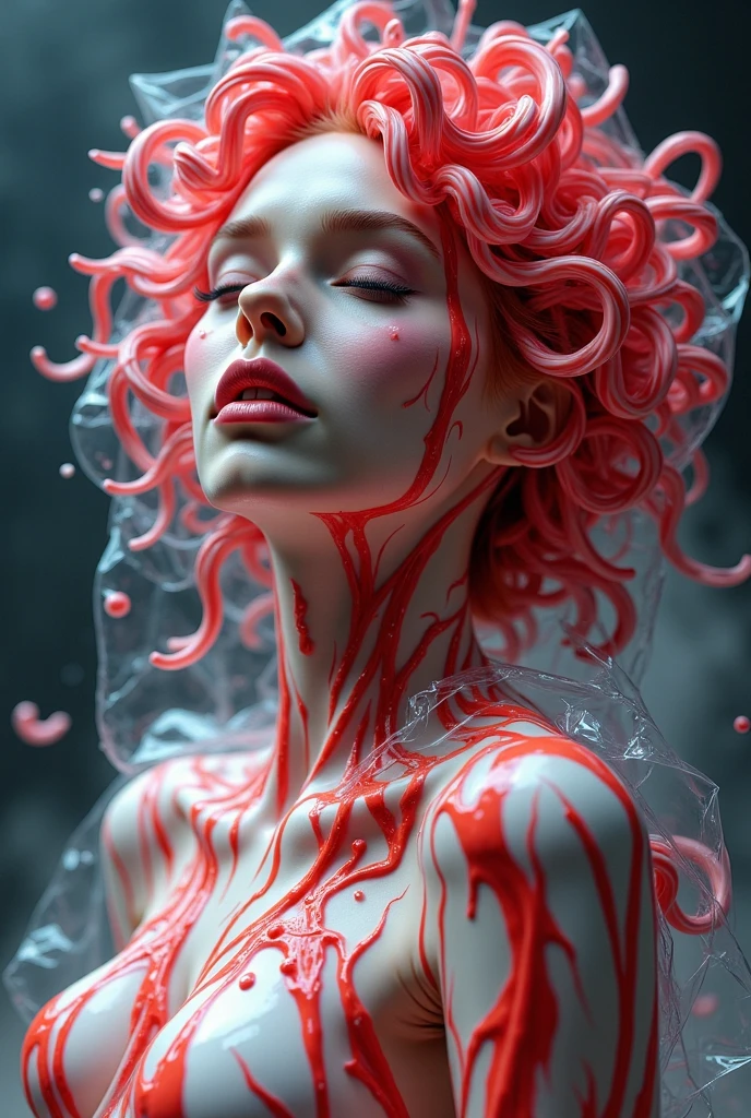 red and white with a bit of black, detailled metalic bones, semi human, iridescent colors, Glenn Brown style, futuristic room, power of the god, high-angle shot, complex body poses, "hiper colorful with bubbles  background". --auto --s2