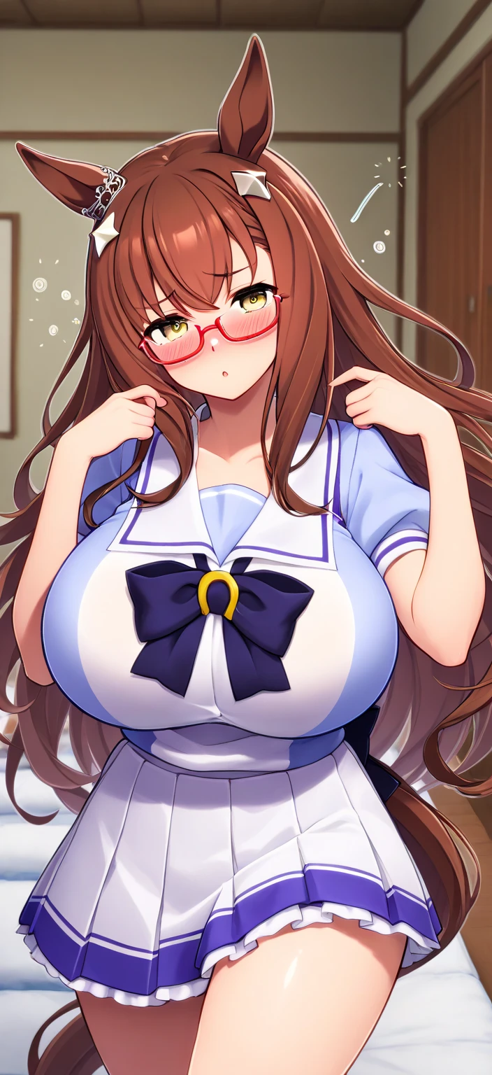 1990s \(style\), retro artstyle, 1990s anime cels style, best quality, high resolution, 1girl, (huge breasts:1.4), AKANE MUROKASA, HALO, VERY LONG HAIR, GLASSES, PLAYBOY BUNNY, RABBIT EARS, DETACHED COLLAR, AQUA BOW, BROWN SCARF, WHITE GLOVES, WHITE PANTYHOSE