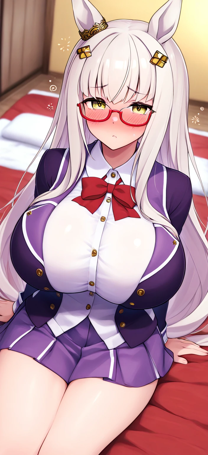 25yo woman, hime cut, light pink hair, long hair, teacher, erotic uniform, deep cleavage, ultra mini skirt, huge breast, thicc thigh, charming smile, school scenes, clear view, showing off armpits , horned girl, devil horns, elf ears, cleavage, thigh, short skirt, sexy, big breasts, oversized breasts, bimbo, big ass, oversized ass