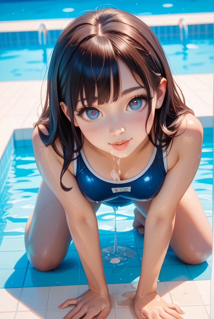 High resolution, Highest quality,  super high quality, Ultra-detailed, Cinematic lighting、living room、Swimsuit、、Embarrassing、Sweaty、Sweat、Eyes from below、Girl seen from the floor、Low angle、 See through、
