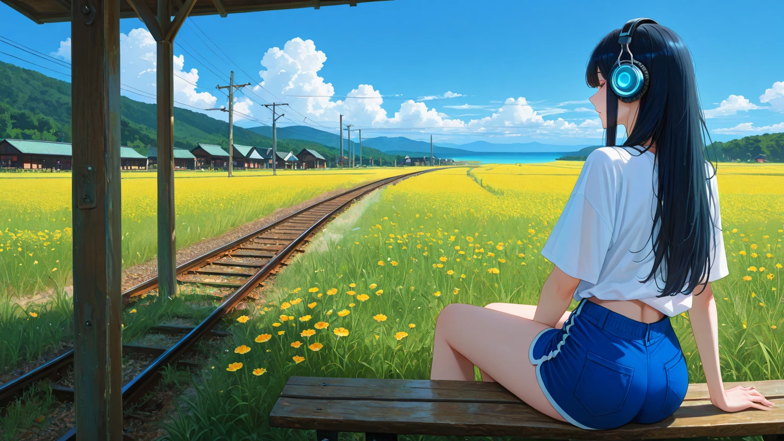 (masterpiece, best quality:1.2), abandoned train, in a flower field, 1girl, white bikini, sitting by a train, warm, summer, vibrant colors, best lighting, best shadows