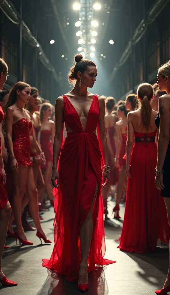 Redhead woman in red whore dress,in a show with Leda Reds,crowded