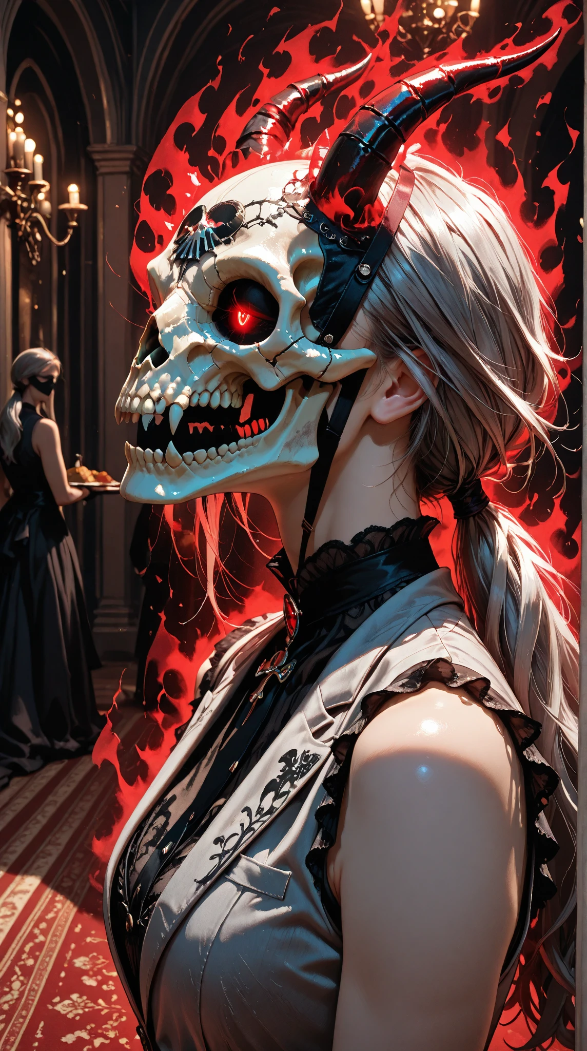 (highly detailed:1.3), (post-Impressionist:1.2), masterpiece, best quality, extreme detail, 1girl,from behind, cowboy shot, ((straght white bob hair)), red eyes, edgBones, a woman in a dress made of bones ,wearing edgBones <lora:edgBonesv1:0.8>, detailed face and eyes, close shot, ((red eyes, extra eyes, horror \(theme\))), serious,, <lora:insanevoid2:0.5>, droplets,well,COOL, indoors, (Surrealism), dreamlike , distorted , abstract , symbolic, dark , creepy , blood , monsters , by Jason Engle , Carlos Huante , Charlie Bowater , Simon Lee , Brom