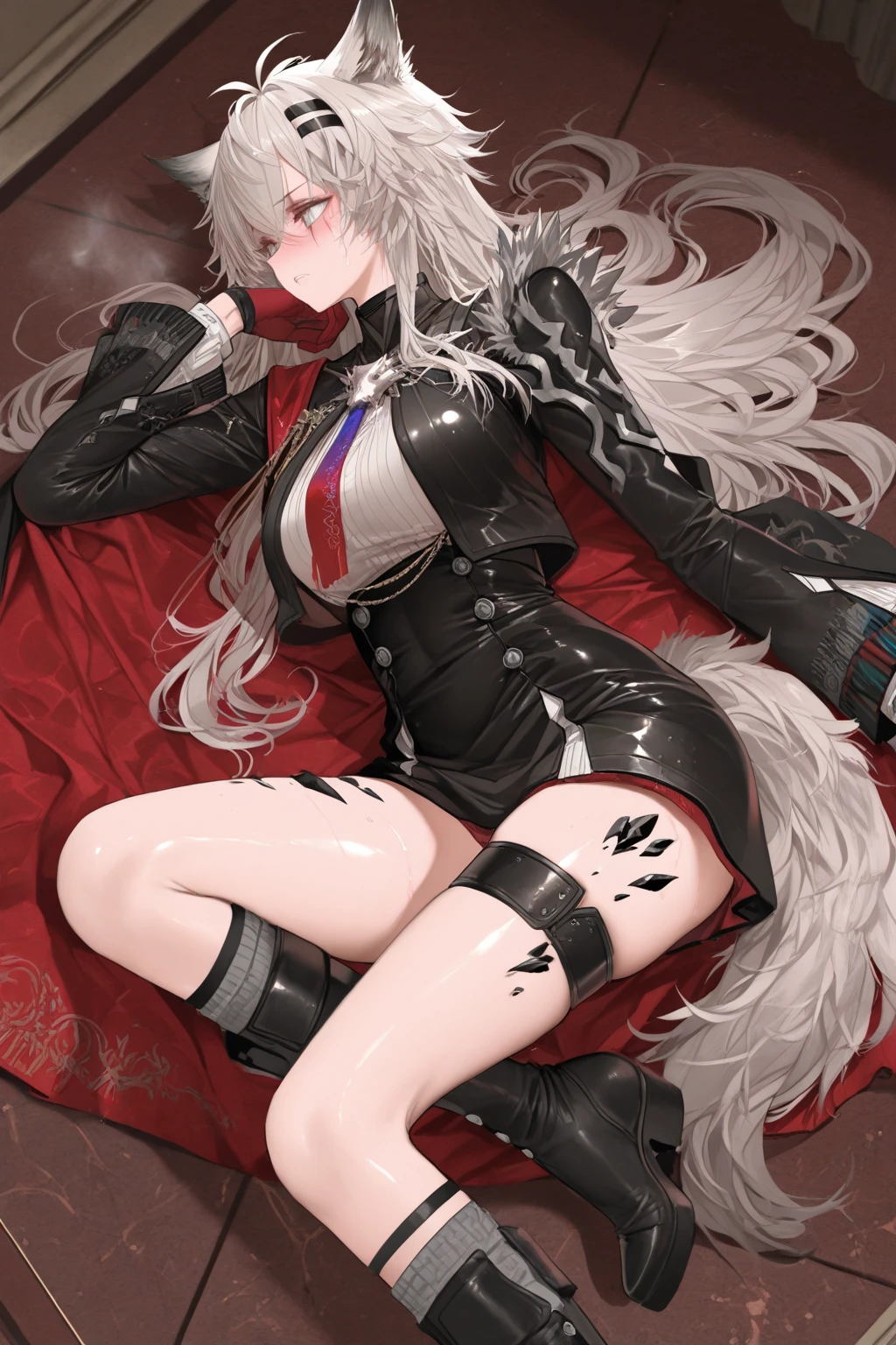 Korean beauty boxer，18 years old,Pretty Face，Good shape，detailed picture, Shy expression， blush，White long hair, Wearing a black jumpsuit, Wear black pantyhose, Wearing black boxing gloves，She&#39;s kneeling in the boxing ring，Large Breasts,Cleavage,Long legs，Thin waist，nipple，Camel toe