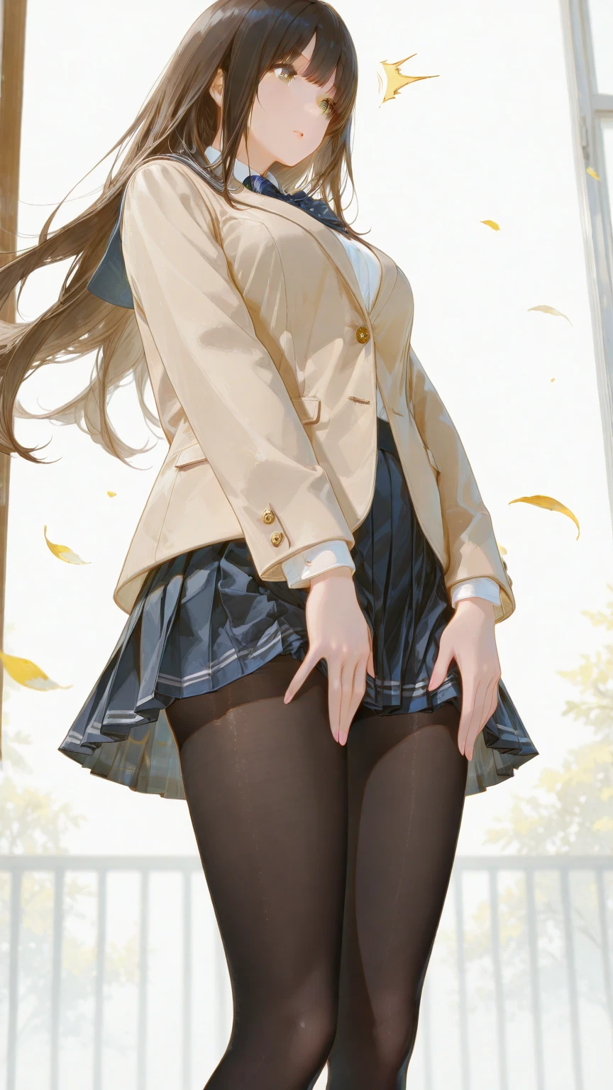 1 girl, light brown hair, wavy hair, hazel eyes, small eyes, mature face, dropping eyes, big breasts, cameltoe, blurry background, blushed, erect nipples, micro mini skirt, pencil skirt, panty shot, look down, turtleneck sweater, wet, pinstripe, high heels, pepperoni nipples, earrings, full body, night, light makeup, tall stature
