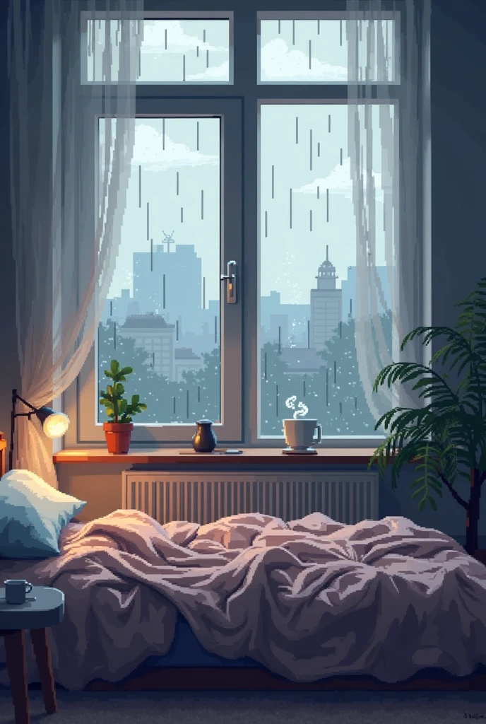 painting of a woman sitting on a bed looking out a window at a rainy street, rainy afternoon, raining outside the window, inspired by Cyril Rolando, inside on a rainy day, stunning artwork, mood painting, window ( rain ), beautiful art uhd 4 k, magical realism painting, surreal scene, surreal art, cyril rolando and goro fujita