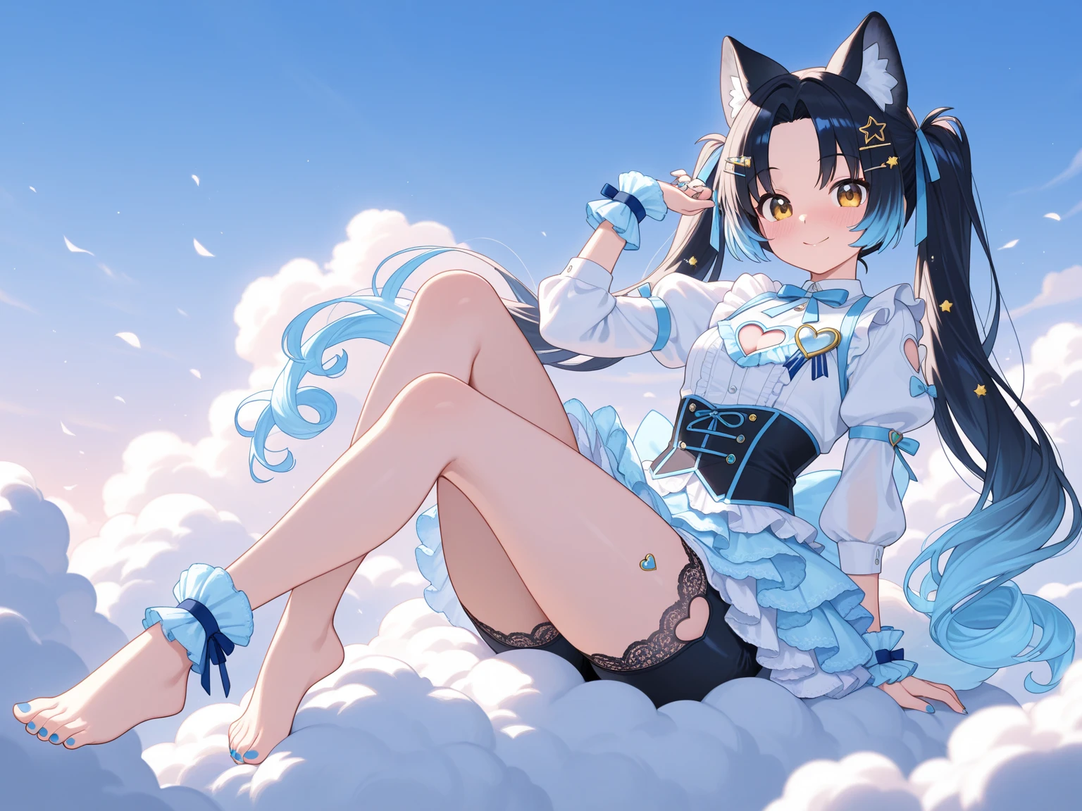 (masterpiece, highest quality:1.3), 1 cute girl, ideal ratio body proportions, blonde short hair, (black frilled mini skirt), puffy shoulders, bare arms, armpit, magic wand, (white cotton panties, 1 strange small animals:1.4), dynamic pose, night city, clothes covered nipples, 