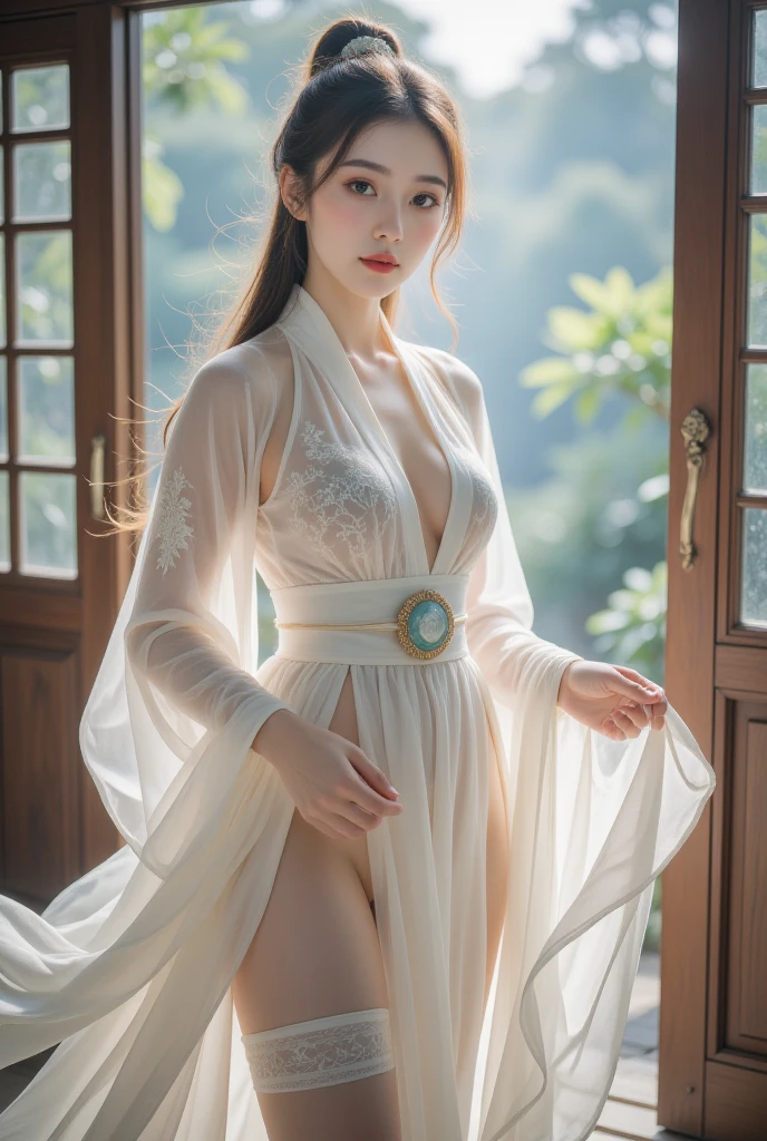 (((best quality))),(((ultra detailed))),(((masterpiece))),illustration,((1 beautiful girl,solo)),(short ponytail:1.2),((bright eyes,gentle smile)),((slim,thin)),((bare back,towering hips,butt crack)),(white see through sheer Hanfu:1.3),flowing fabric,serene demeanor,vibrant plants and trees,(Chinese-style architecture:1.3),tile roofs,intricate wooden carvings,rich and vivid colors,(serene glow of the moon:1.5),(((colorful clouds))),traditional Chinese garment,(((summer night,village courtyard))),((standing)),(from back:1.3),(upper body:1.3)