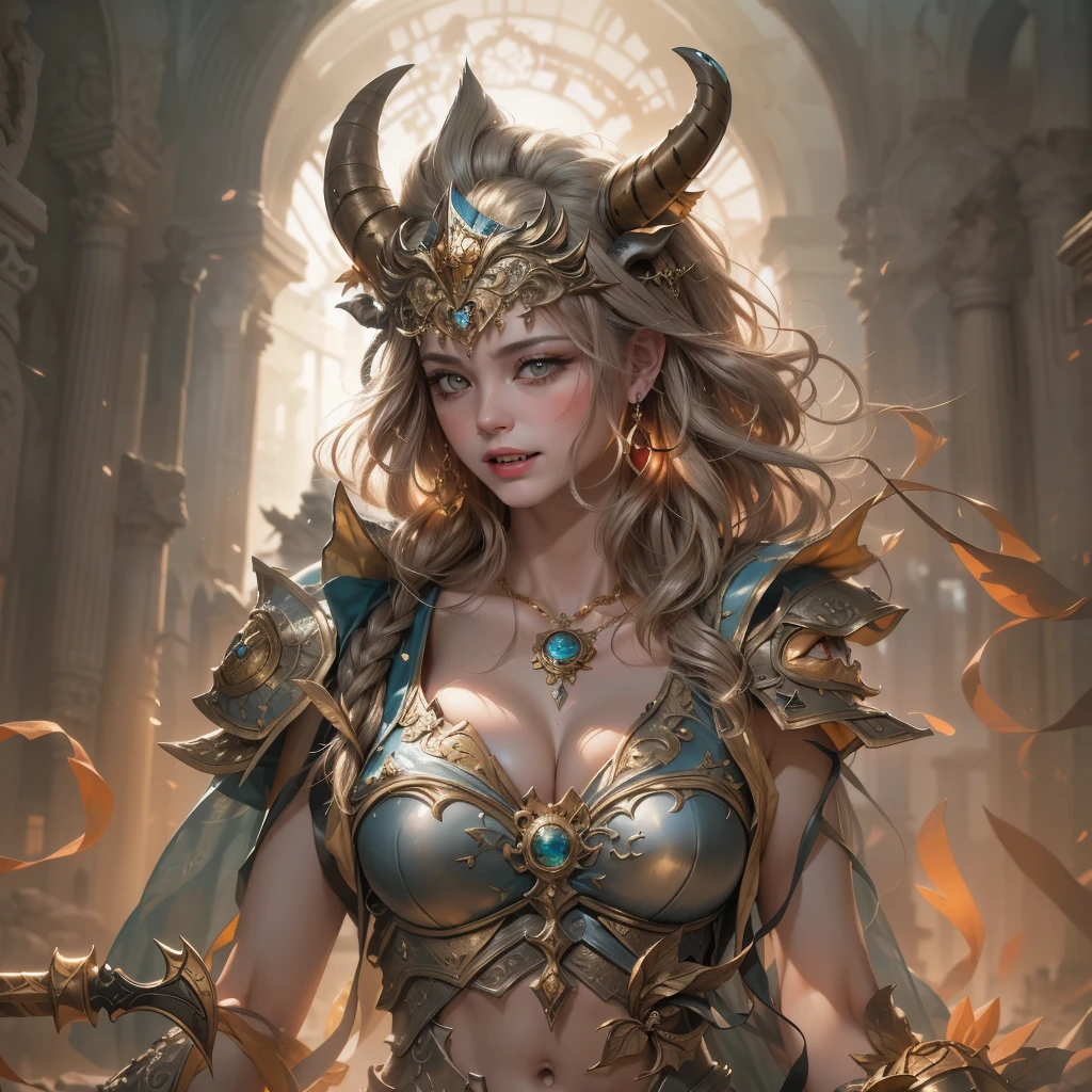 tauren， gold armor ， Very clear face ， sitting on golden throne ， Manhwa Style ， Chinese armor ， Hold a golden tomahawk ， The details of the armor are very high，Looking up at the perspective ，Behind it is a Chinese palace ，