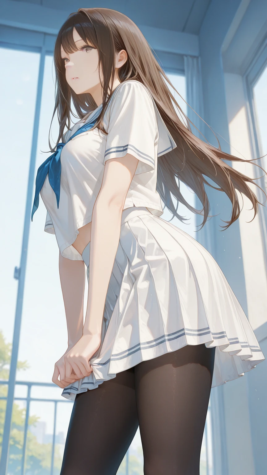 masterpiece, (realistic, photo realistic:1.2), ((highest quality), extremely fine and beautiful, beautiful face details, real human skin, realistic, photorealistic, 1girls, small girl, chibi, smile on face, cow-boy shot, Student uniforms, shirt with collar, necktie, check skirt, Tiny breasts, emphasis A-cup, White shirt, White underwear, (wind, wind lift, Skirt lifted by the wind, skirt rolled up by the wind, Skirt flutters:1.5), (Fully exposed panties:1.5), (white panties:1.5), (standing a:1.7),