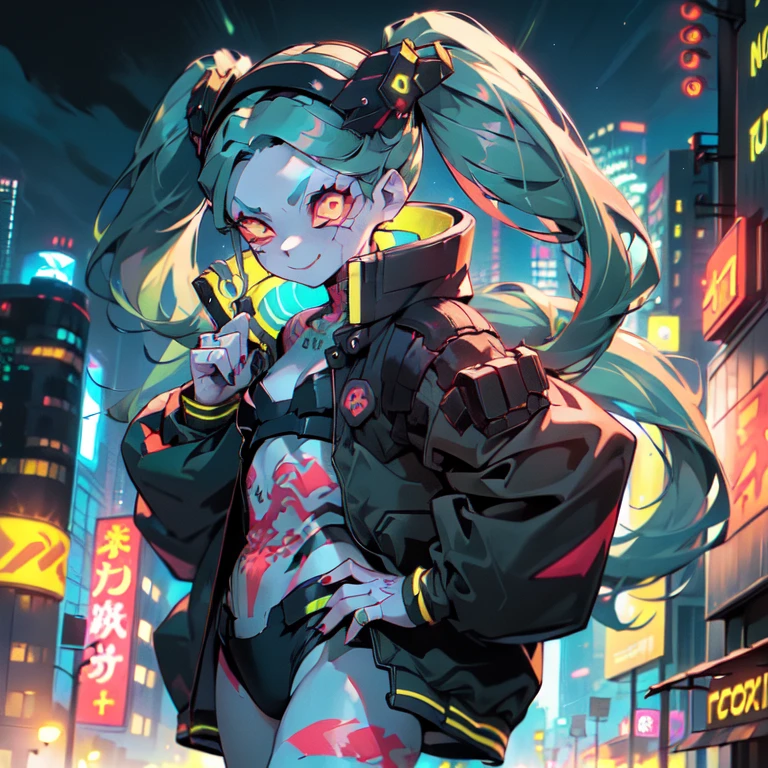 (best quality, masterpiece), 1girl, holo jacket, cyberpunk, neon, mist, (cartoon: 1.5), thong, tight, small, neon signs, ramen shop, fishnet socks too low, transparent, {(very long green hairv1.5)},