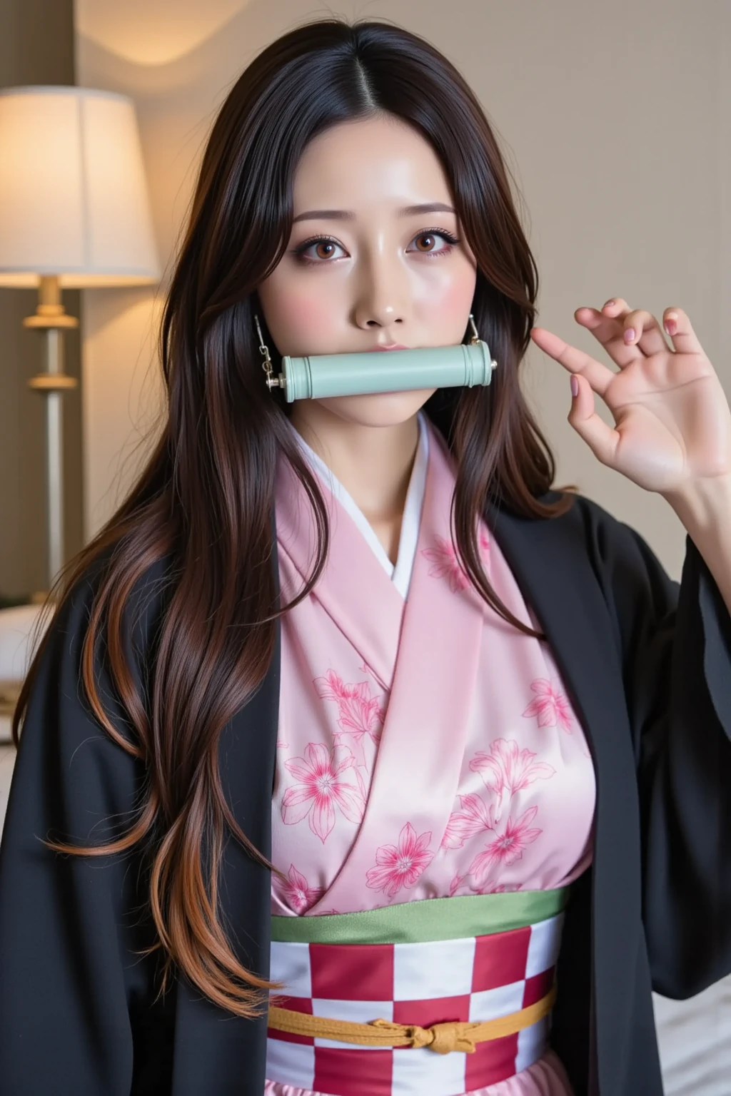 Nezukokamado, Nezuko Kamado, bamboo, (bit gag:1.5), Black Hair, (amount:1.5), gag, gagged, Hair Ribbon, Long Hair, Multicolored Hair, Orange Hair, Wavy Hair, Two-tone hair,
break asa no ha (pattern), checkered sash, Haori, kimono, kimono, Long sleeve, heart, pink kimono, sash, wariza,  Wide sleeves,
break looking at viewer,
break indoors,
break (masterpiece:1.2), Highest quality, High resolution, unity 8k wallpaper, (figure:0.8), (Beautiful attention to detail:1.6), Highly detailed face, Perfect lighting, Highly detailed CG, (Perfect hands, Perfect Anatomy),whole body、Narrow waist