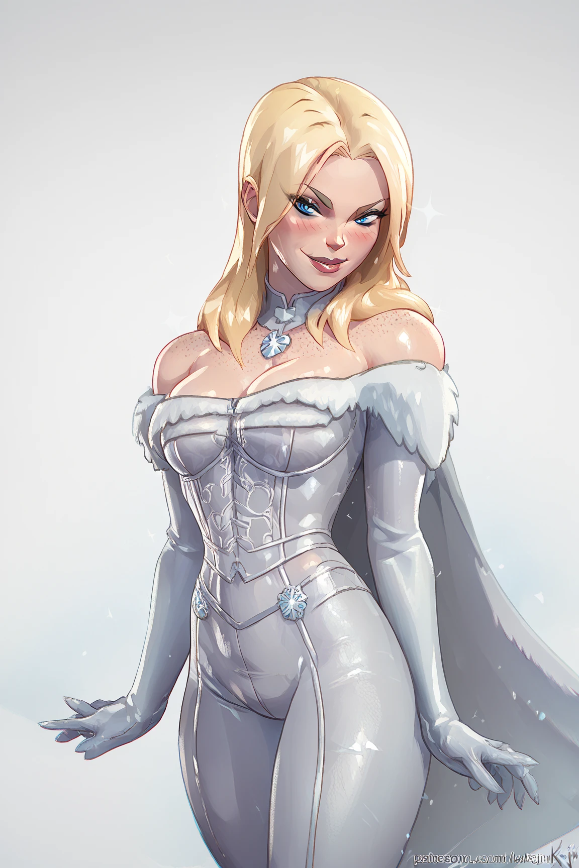 MARGOT ROBBIE, gorgeous face, perfect, detailed sharp eyes, large pointed breasts covered by ice, light white translucent fabric as smoke, blue eyes, crystal crown, white hair, red lipstick, red makeup, thick legs, cold place, falling snow, blizzard, white gloves, white background, snowflakes, ice, lots of fog in the background, (photo with better quality, a masterpiece,  sensuality and elegance, ultra detailed, ultra realistic, depth of field, HD, photograph taken by Sony R7 camera with 85mm Full frame lenses, f1.2 aperture), portrait style