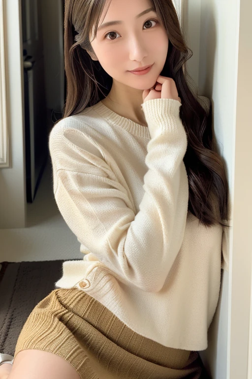 Best image quality、Raw photo、超A high resolution、21 year old Korean、、Dynamic Angle、Cowboy Shot、Chaos in its most beautiful form、elegant、Brutalist Design、Beautiful white hair、Vibrant colors、Short Bob、smile、fun、smile、Glowing White Skin、Beautiful eyes with random colors、Very thin lips、Beautiful eyes in every detail、Long, narrow eyes、Pale pink blush、Long eyelashes、Beautiful double eyelids、eye shadow、Bright white hair、sofa、large summer sweater、Short sleeves、sitting cross-legged、Full body shot、Full body shotする