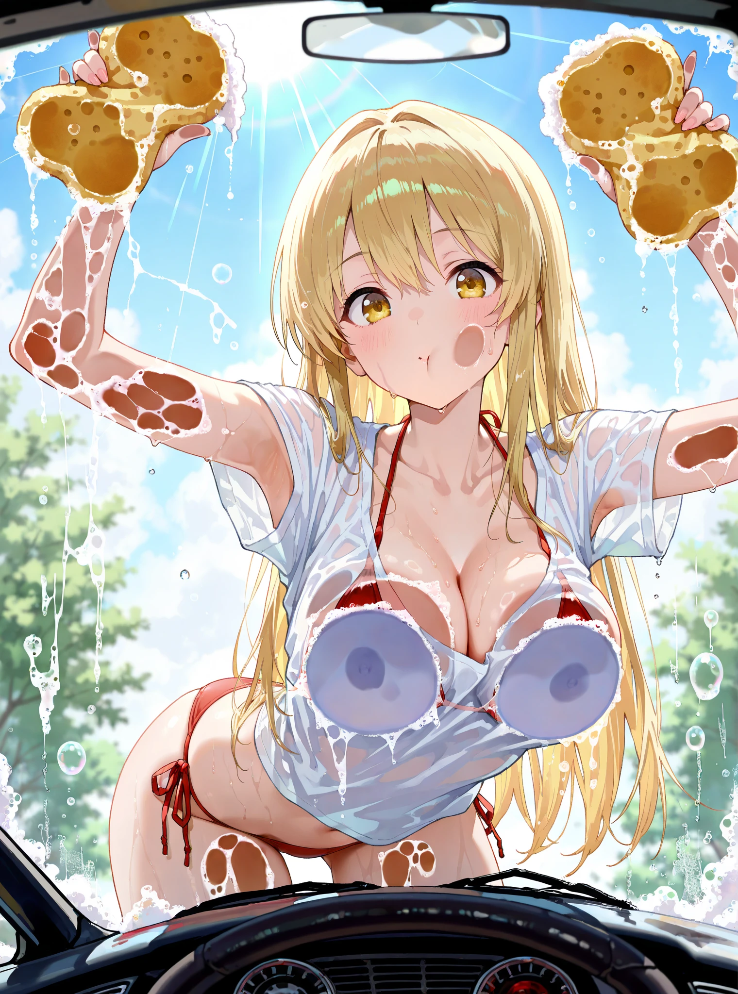 1girl, solo, ChloeLemaire, blonde hair, long hair, blue eyes, large breasts, outdoors, sky ,nsfw naked, crying, (Sweating profusely, Love juice, Wet Woman, female ejaculation), ,Peeing, lactation, projectile lactation