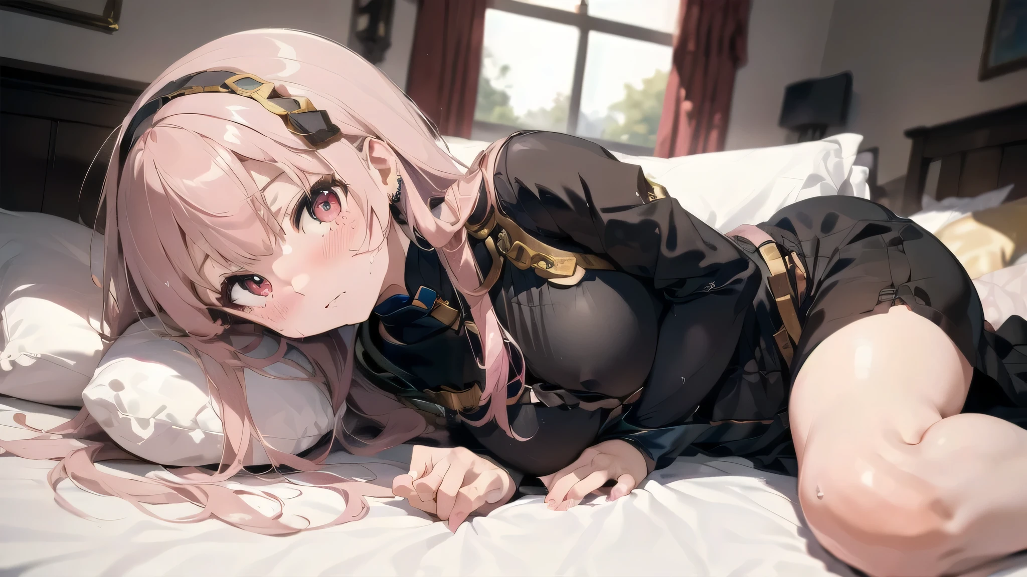 (masterpiece,Best Composition,Depressed Illumination,top quality,Super Detailed),best shadows,Rim lighting,perfect composition,top view,(solo,Megurine Luka:1.5),glamorous body,pink long Hair,beautiful big eyes,look at here,shy,(Blushing,Sweating:1.3),big breasts,((lying on back,one Knee Up,tilt head:1.5)),pink canopy bedroom,houseplants